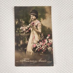 Antique RPPC Postcard Victorian Hand Colorized Woman Flowers French